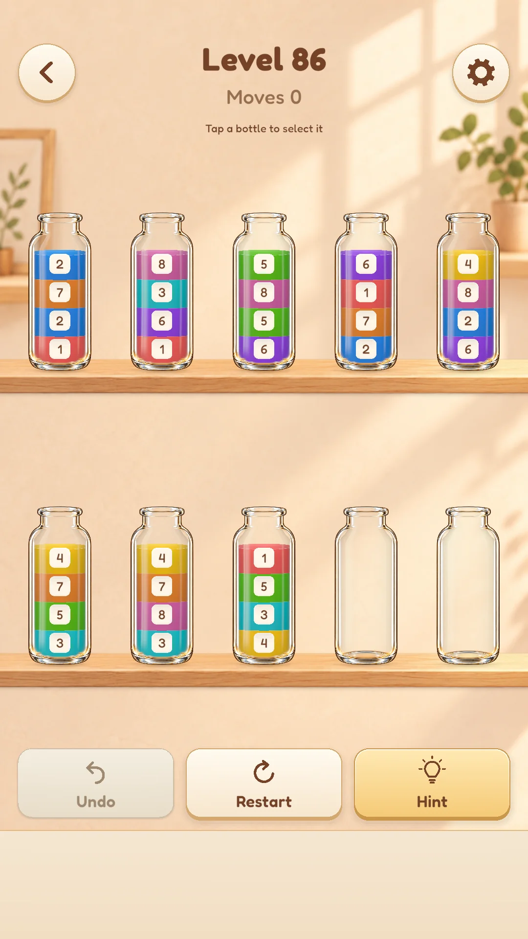 Level 86 puzzle board with color numbers on the water layers