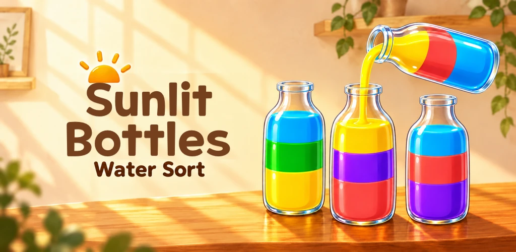Sunlit Bottles artwork showing colorful water being poured in a warm glass workshop