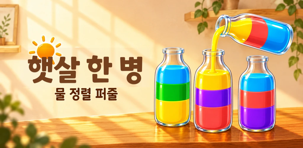 따뜻한 햇살 아래 유리병의 색을 정리하는 햇살 한 병 일러스트